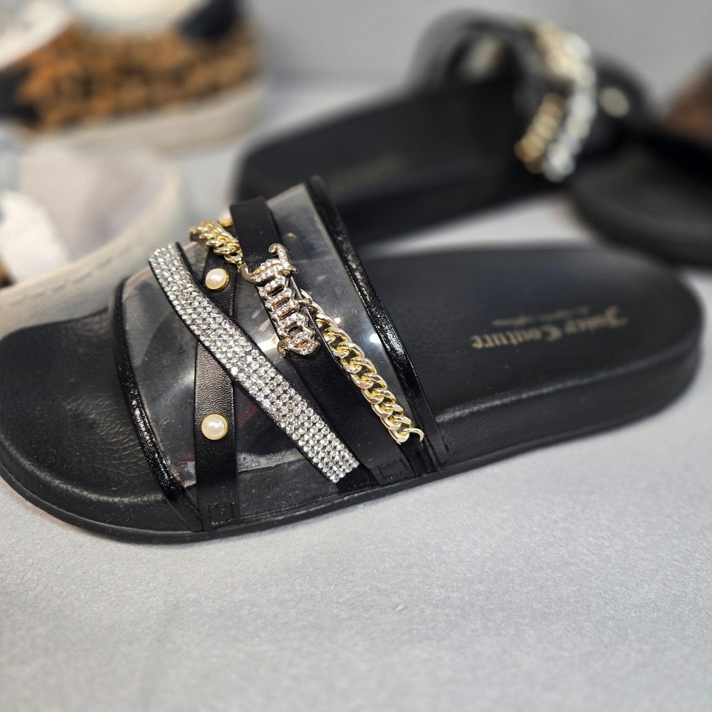 Juicy Couture Slide Sandals Womens Black Excellent Rhinestone Pearl Embellished